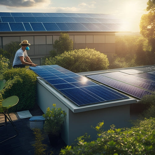 A serene rooftop scene with solar panels glistening in the sun, surrounded by lush greenery, a person gently cleaning the panels with a biodegradable cloth, and a rainwater collection system nearby.