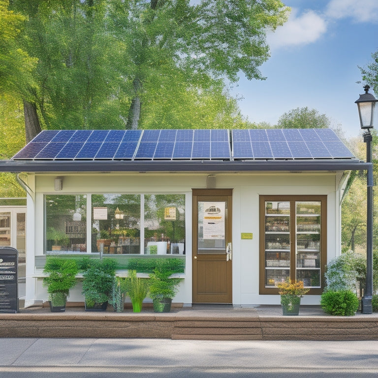 A vibrant small business storefront with sleek solar panels on the roof, surrounded by green trees and bright sunlight, showcasing energy-efficient appliances and happy customers interacting with eco-friendly products.