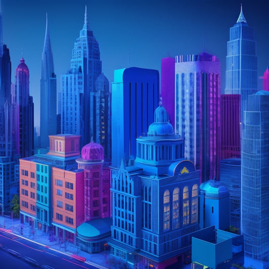 A stylized illustration of a cityscape with 10 identical, brightly colored buildings, each with a distinct section highlighted in a gradient of blues, from light to dark, conveying a sense of progression and comparison.