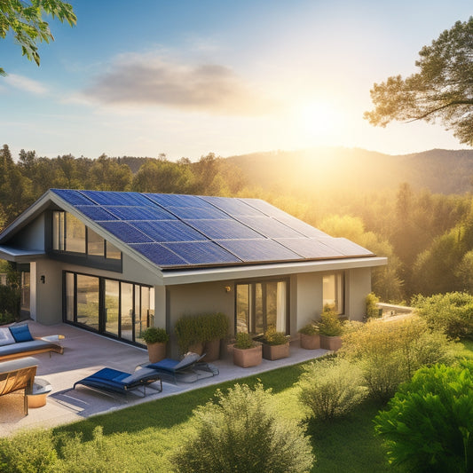 A vibrant, sunlit rooftop with sleek, high-efficiency solar panels reflecting the sky, surrounded by lush greenery. The background features a modern home with a clear blue sky and soft sunlight illuminating the scene.