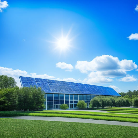 A bright blue sky with fluffy white clouds serves as the backdrop for a modern, sleek office building with a rooftop covered in shiny, dark blue solar panels, surrounded by lush green trees.