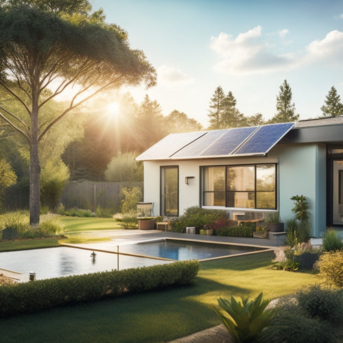 A serene backyard scene with a modern, single-story house, rooftop solar panels, and a sleek inverter box on the exterior wall, surrounded by lush greenery and a clear blue sky.