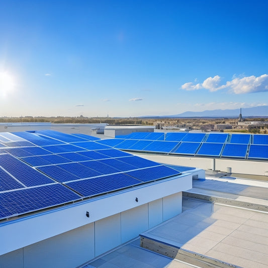 A compact, modern rooftop with 5-7 small, sleek PV panels of varying shapes and sizes, surrounded by sleek, silver mounting hardware, set against a bright blue sky with a few puffy white clouds.