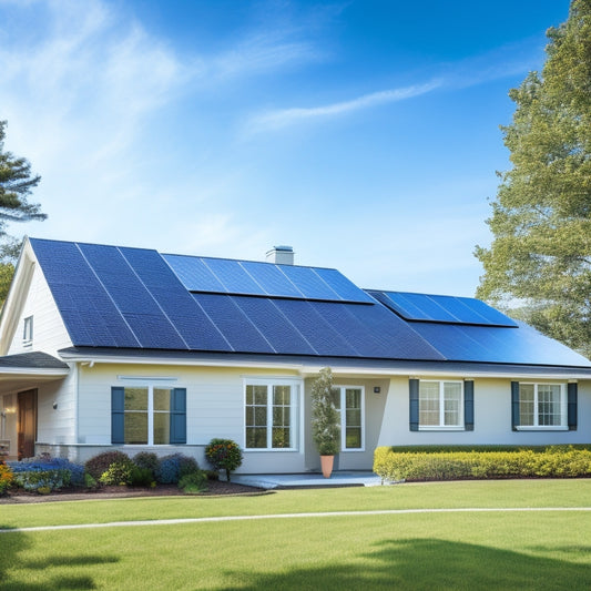 A serene suburban home with a sloping roof, adorned with a mix of rectangular and triangular solar panels in different sizes, amidst a clear blue sky with fluffy white clouds.