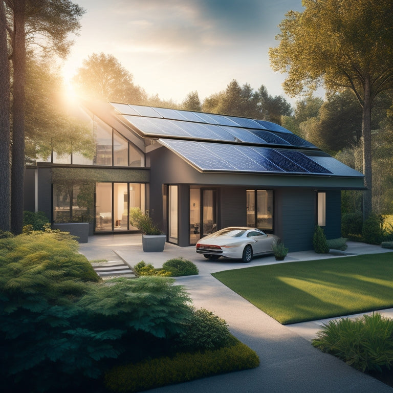 A modern home with solar panels on the roof, surrounded by lush greenery, showcasing a sleek solar battery system in a well-lit garage, with sunlight streaming through windows, emphasizing energy efficiency and sustainability.