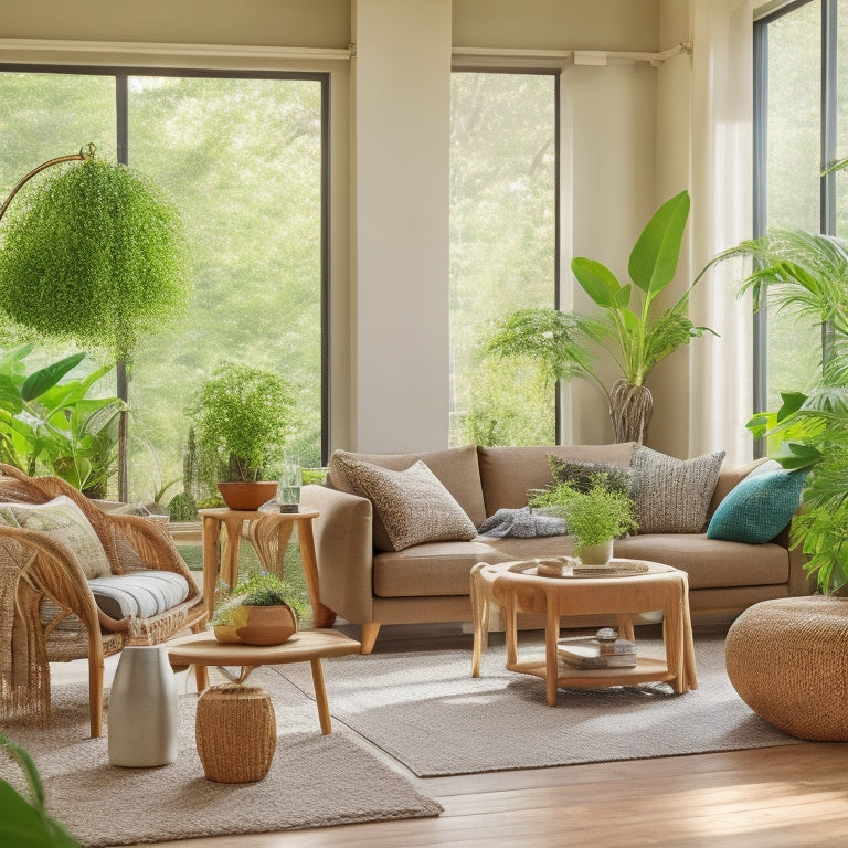 A cozy, sunlit living room with bamboo furniture, indoor plants, recycled wood accents, large windows showcasing a green garden, and eco-friendly decor. Soft, natural colors dominate the space, creating a serene atmosphere.