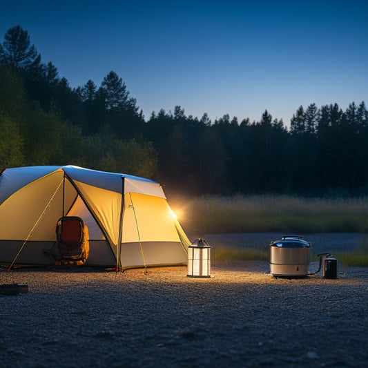 A serene campsite at dusk, with a solar panel kit on a portable stand, charging a battery, surrounded by camping gear and a lantern softly illuminating the scene.