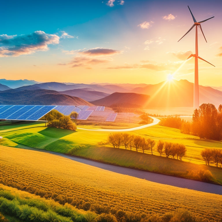 A vibrant landscape showcasing solar panels glimmering under the sun, wind turbines gracefully spinning on rolling hills, and lush greenery interspersed with electric vehicles charging, symbolizing a harmonious blend of technology and nature.