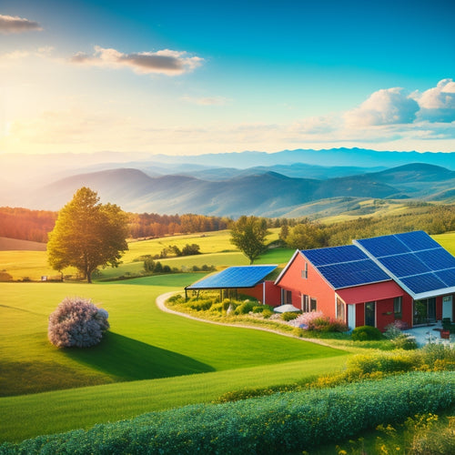 A vibrant landscape featuring solar panels on rooftops, wind turbines on rolling hills, and lush green trees, with a clear blue sky and a peaceful home, symbolizing harmony between nature and sustainable energy solutions.