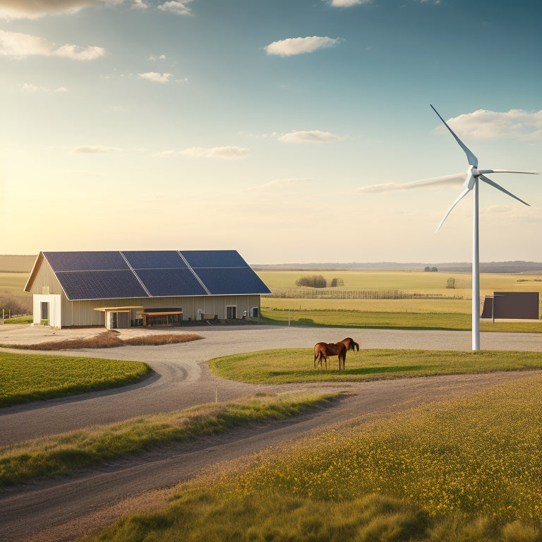 A serene, sunny landscape with a small, independent retail store in the foreground, adorned with solar panels on the roof and a wind turbine spinning gently in the adjacent field.