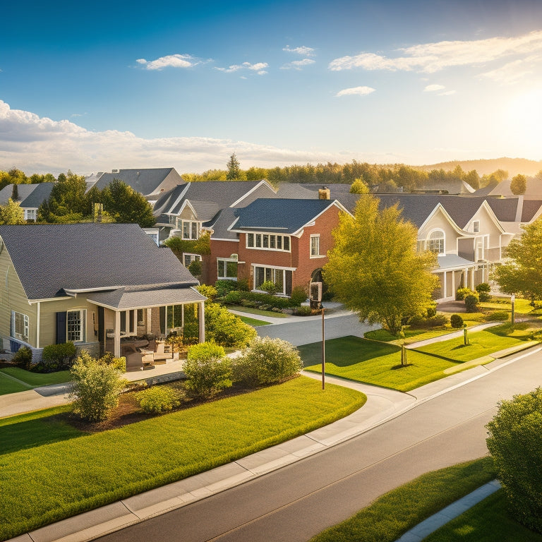 A serene suburban neighborhood with 5-7 houses, each with a distinct solar panel installation, varying in size and design, set against a bright blue sky with a few wispy clouds.