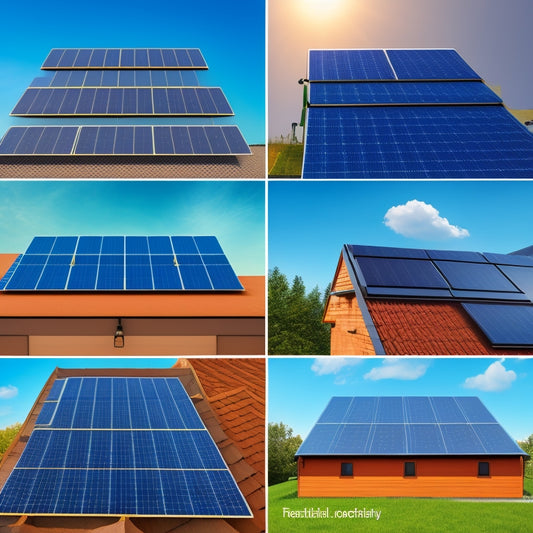 An illustration of a roof with various solar panel types, including monocrystalline, polycrystalline, thin-film, and bifacial, showcasing different shapes, sizes, and mounting systems.