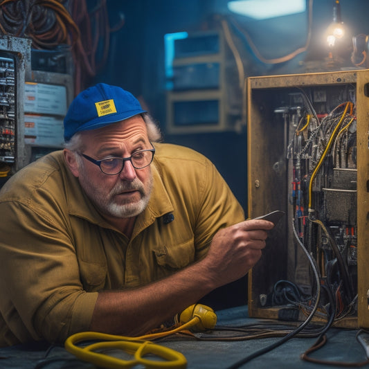 A frustrated person in a workshop, examining a large, open electrical panel with wires and tools scattered around, while a light bulb illuminates the scene, highlighting a mixture of confusion and determination on their face.