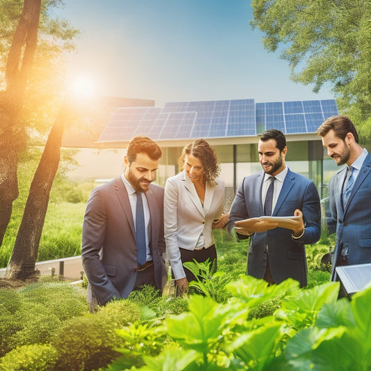 A modern office building with solar panels on the roof, surrounded by lush greenery. In the foreground, a diverse group of business professionals examines a solar energy chart on a tablet, analyzing options. Bright sunlight illuminates the scene.