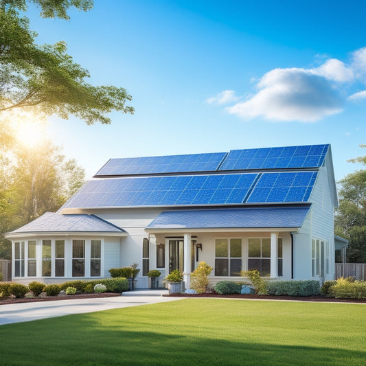 A serene suburban home with a mix of modern and traditional architecture, featuring a sleek roof-top solar panel array with varied panel sizes and shapes, amidst lush greenery and a bright blue sky.