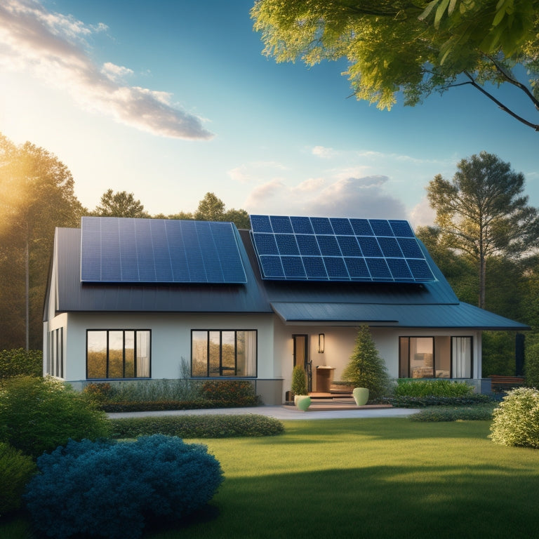 A serene suburban home with a sleek, black solar panel array on the roof, surrounded by lush greenery, with a subtle glow emanating from the panels, amidst a bright blue sky with fluffy white clouds.