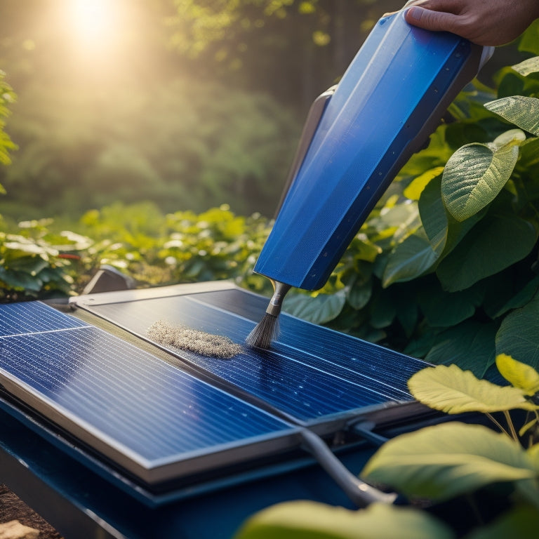 A close-up view of a person gently cleaning a solar panel, sunlight glinting off the surface, surrounded by lush greenery, with tools like a soft brush and bucket of water nearby, showcasing a serene maintenance scene.