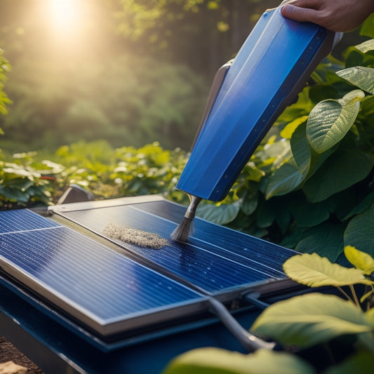 A close-up view of a person gently cleaning a solar panel, sunlight glinting off the surface, surrounded by lush greenery, with tools like a soft brush and bucket of water nearby, showcasing a serene maintenance scene.