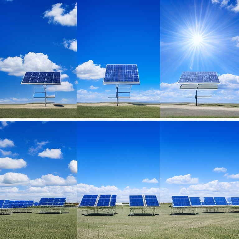 A collage of seven distinct shopping carts, each filled with a different arrangement of solar panels, inverters, and mounting hardware, set against a bright blue sky with fluffy white clouds.