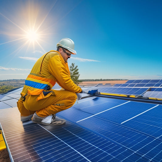 An illustration of a person in a yellow hard hat and gloves, standing on a rooftop, inspecting a solar panel with a multimeter, surrounded by tools and a ladder, with a sunny sky in the background.