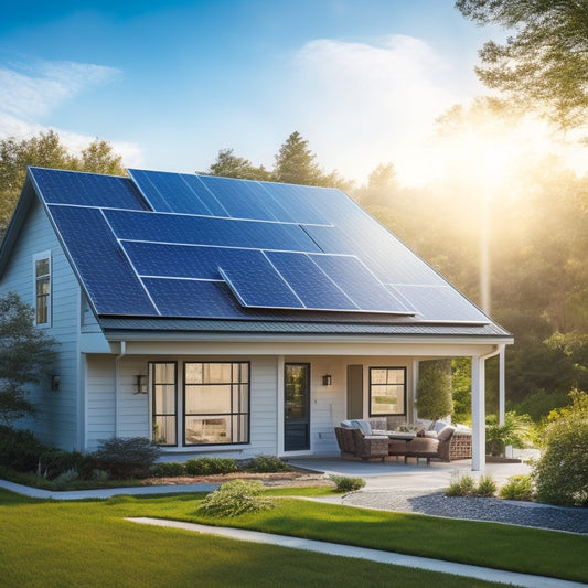 A serene suburban home with a sleek, modern solar panel array on the roof, surrounded by lush greenery and a bright blue sky with a few wispy clouds.