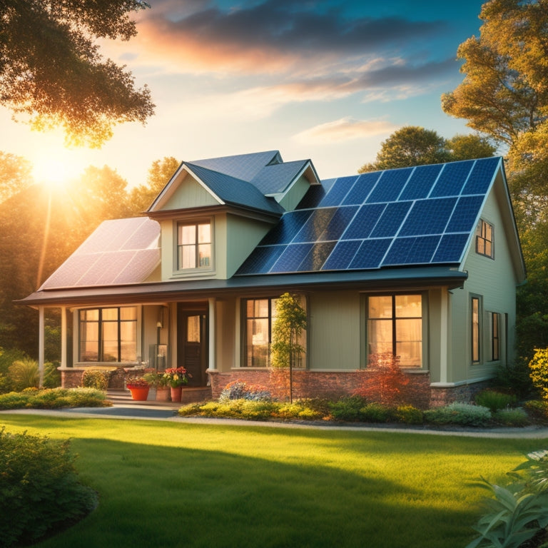 A serene suburban home with a mix of traditional and modern solar panels on its roof, surrounded by lush greenery, with a subtle sunburst in the background.