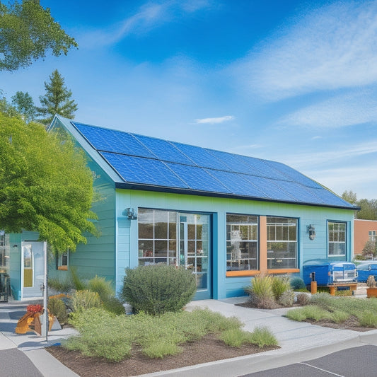 A vibrant small business exterior featuring solar panels on the roof, wind turbines nearby, and lush greenery, with happy customers shopping and staff engaging in eco-friendly practices, all set against a bright blue sky.