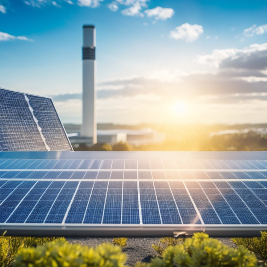 A sunny background with a large commercial building in the distance, with a magnifying glass zoomed in on a single solar panel, highlighting its intricate details and wiring.