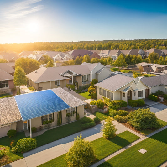 A serene suburban neighborhood with various rooftops featuring differently angled solar panels, some with subtle shadows, amidst a bright blue sky with a few puffy white clouds.