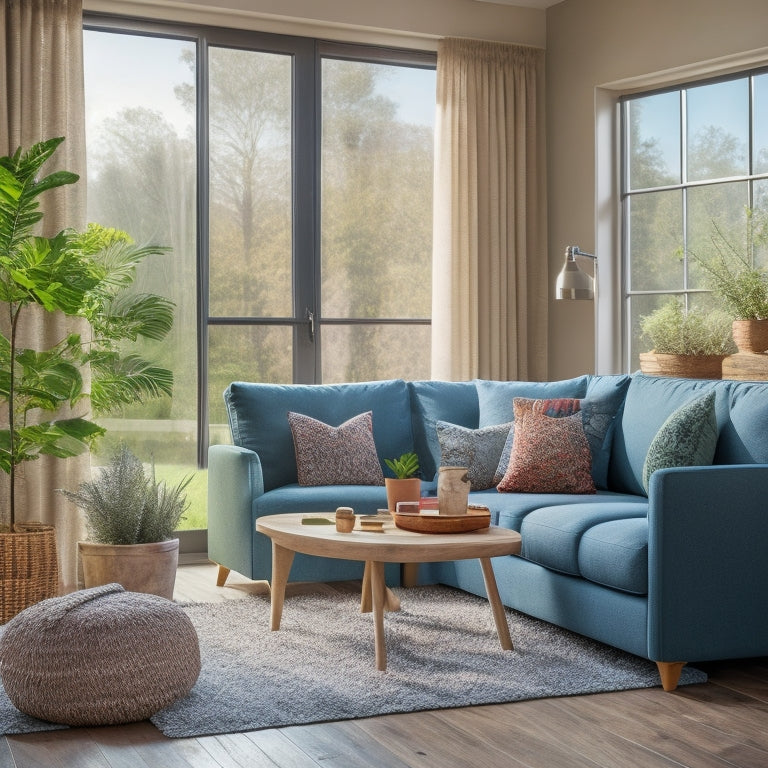 A cozy, modern living room bathed in natural light, showcasing eco-friendly insulation materials like sheep's wool and recycled denim, with green plants and large windows highlighting energy efficiency and comfort.