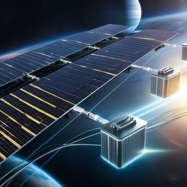 A futuristic landscape with massive, glowing solar panel arrays orbiting planets, harnessing energy from the sun. Giant, sleek, metallic batteries float in space, connected by shimmering energy beams, illuminating the vastness of the cosmos.