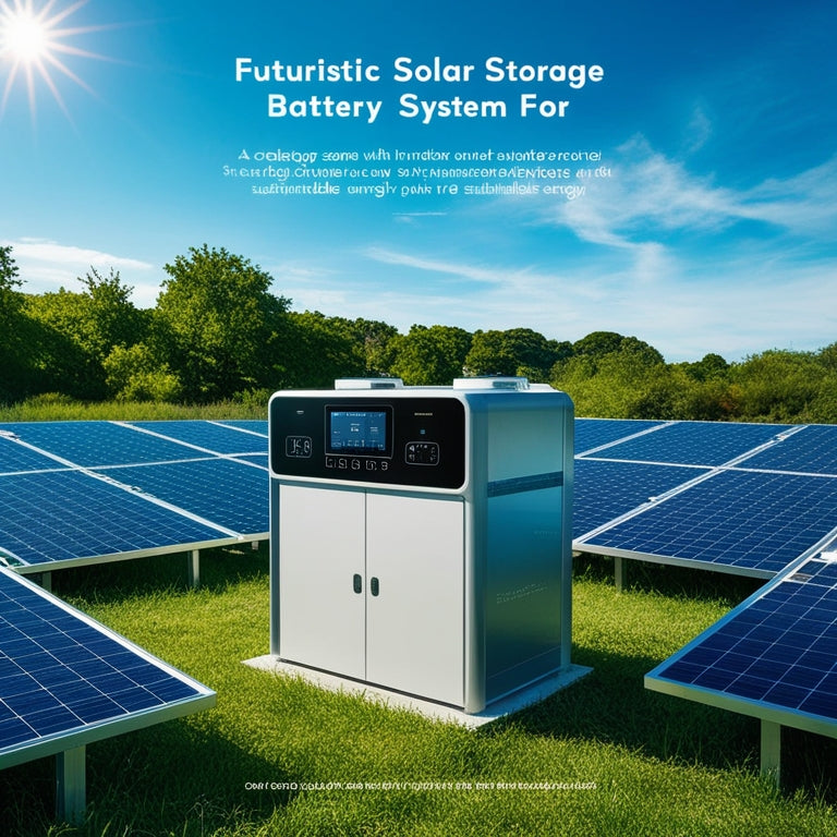 A futuristic solar storage battery system, sleek and modern, surrounded by vibrant solar panels under a bright blue sky, with lush greenery in the background, showcasing sustainable energy in a serene landscape.