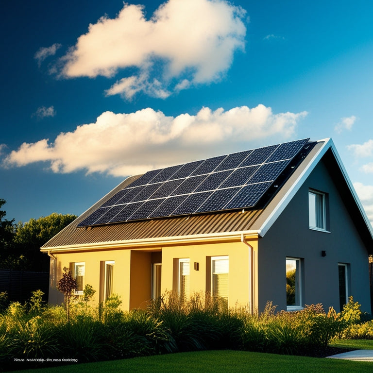 A modern home bathed in golden sunlight, featuring sleek solar panels on the roof. Lush green garden surrounds the house, reflecting a sustainable, eco-friendly lifestyle. Clear blue sky with fluffy white clouds above.