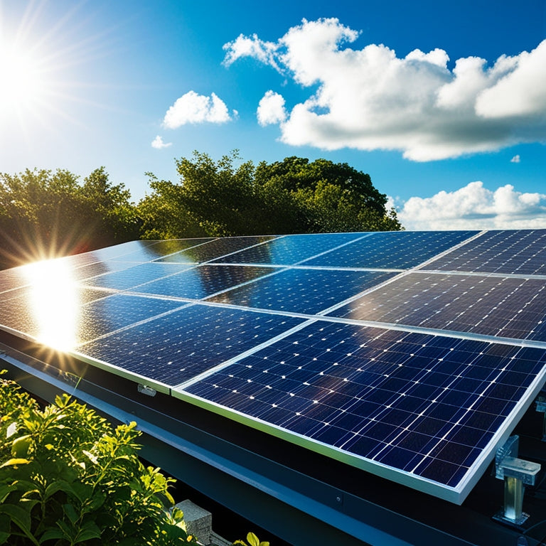 A modern solar installation system on a sunlit rooftop, gleaming solar panels capturing bright sunlight, surrounded by lush greenery, with a clear blue sky and fluffy white clouds in the background.