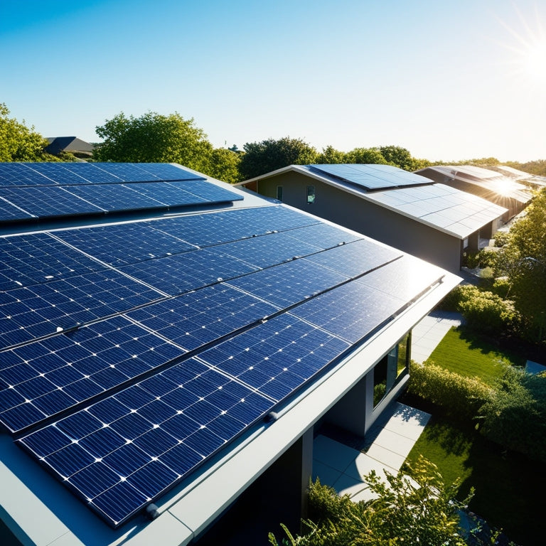 A modern suburban neighborhood featuring sleek, futuristic houses with seamless solar roof systems. Sunlight glistens on the solar panels, surrounded by lush greenery and clear blue skies. Energetic, sustainable, and eco-friendly atmosphere.