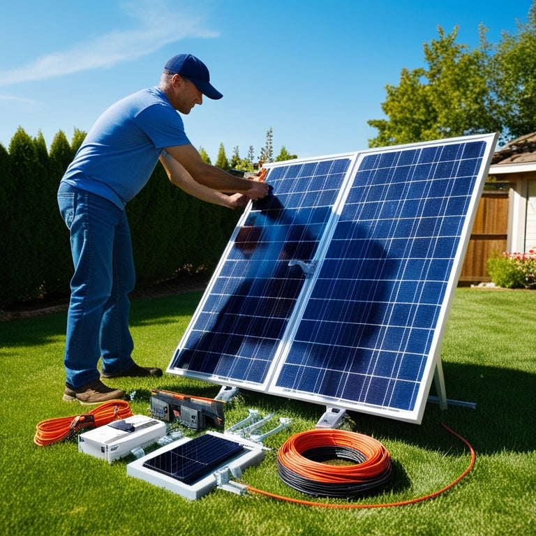 A photograph of a person in a backyard installing a solar array kit, with panels, mounting brackets, and wires, on a sunny day with a clear blue sky.