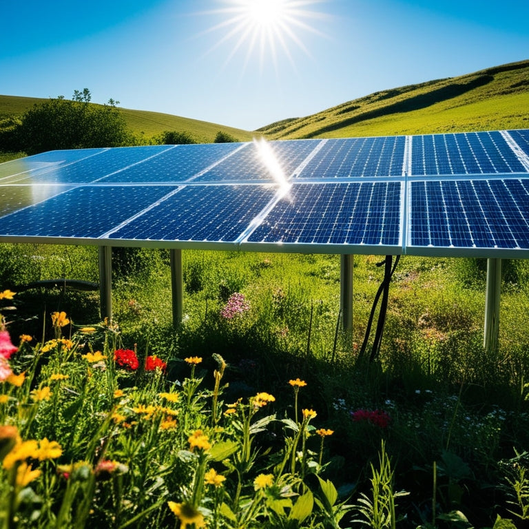 A picturesque landscape featuring a modern solar panel array glistening under the bright sun, surrounded by lush greenery and vibrant wildflowers, with a clear blue sky and distant rolling hills in the background.