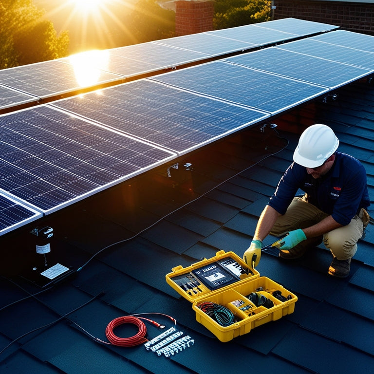 A rooftop bathed in golden sunlight, neatly arranged with sleek solar panels. Nearby, an open kit reveals tools, wires, and connectors, while a technician in safety gear skillfully assembles the components.