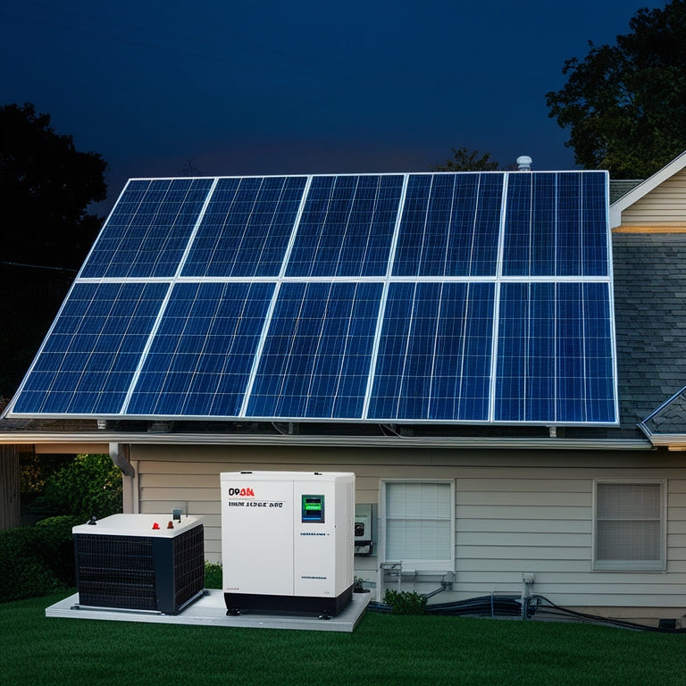 A rooftop solar panel array with a battery backup system and inverter in the background, with a house in the foreground during a nighttime power outage.