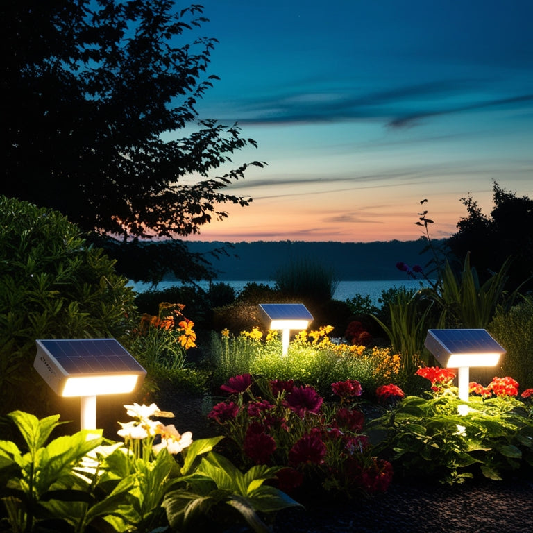 A serene garden at dusk, illuminated by sleek solar panel lights casting warm glows on vibrant flowers and lush greenery, with a backdrop of a tranquil sunset sky fading into deep blue hues.