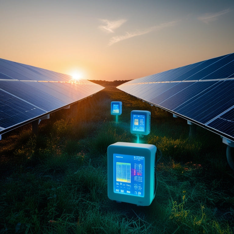 A serene landscape at sunrise, dotted with sleek, futuristic solar panels. Nearby, advanced monitoring devices glow softly, displaying vibrant data streams. The sky is a gradient of warm hues, reflecting innovation and sustainability.