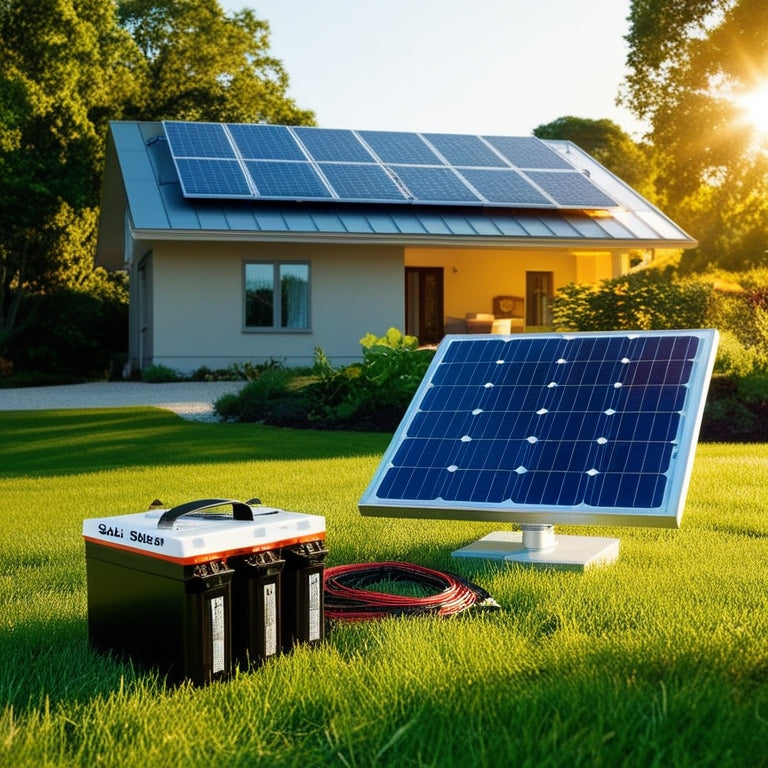 A serene landscape with a modern house featuring sleek solar panels on the roof, surrounded by lush greenery; nearby, a compact solar kit with gleaming equipment, wires, and batteries, basking in warm, golden sunlight.