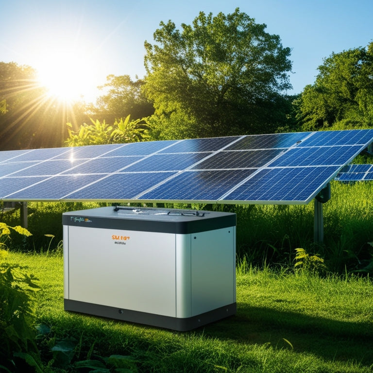 A serene landscape with solar panels glistening under a bright sun, surrounded by lush greenery. In the foreground, a sleek solar power generator hums quietly, blending technology with nature's tranquility.