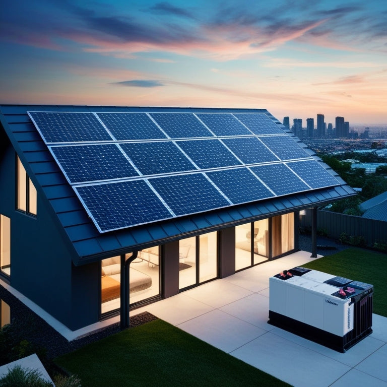 A sleek, modern home with solar panels on the roof, and a large, futuristic battery system in the background, with a cityscape at dusk in the distance.