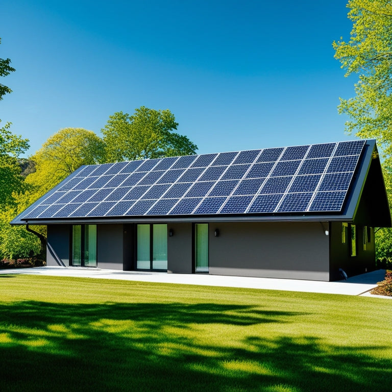A sleek, modern house with a sunlit roof covered in glistening solar panels, surrounded by vibrant green trees and a clear blue sky, capturing the essence of sustainable energy and eco-friendly living.