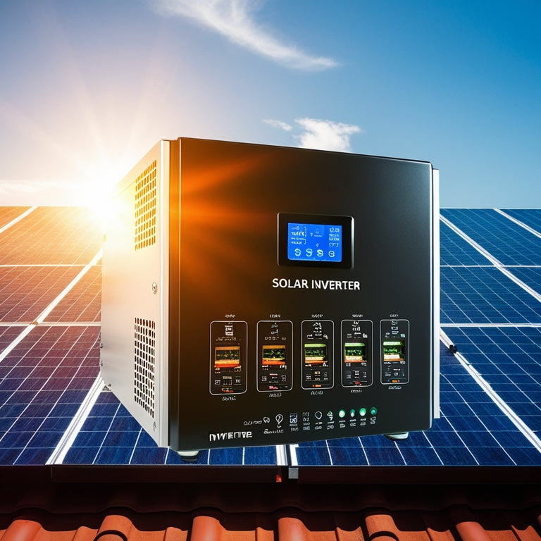 A sleek solar power inverter, illuminated by warm sunlight, showcases intricate circuitry and vibrant solar cells. Set against a backdrop of solar panels on a rooftop, with a clear blue sky overhead.