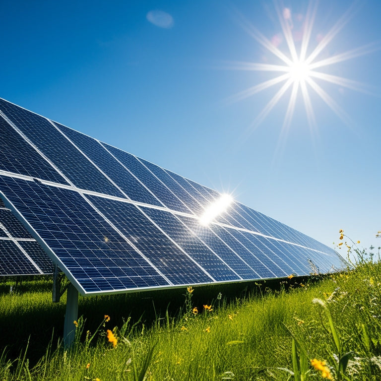 A sprawling field of solar power panels glistening under a bright blue sky, with the sun casting dynamic shadows, surrounded by vibrant green grass and wildflowers swaying gently in the breeze.