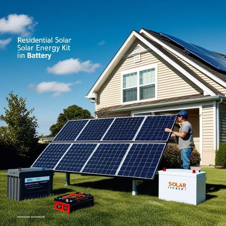A suburban home with solar panels on the roof, a residential solar energy kit in the yard, and a person installing a battery in the background, set against a clear blue sky with a few clouds.