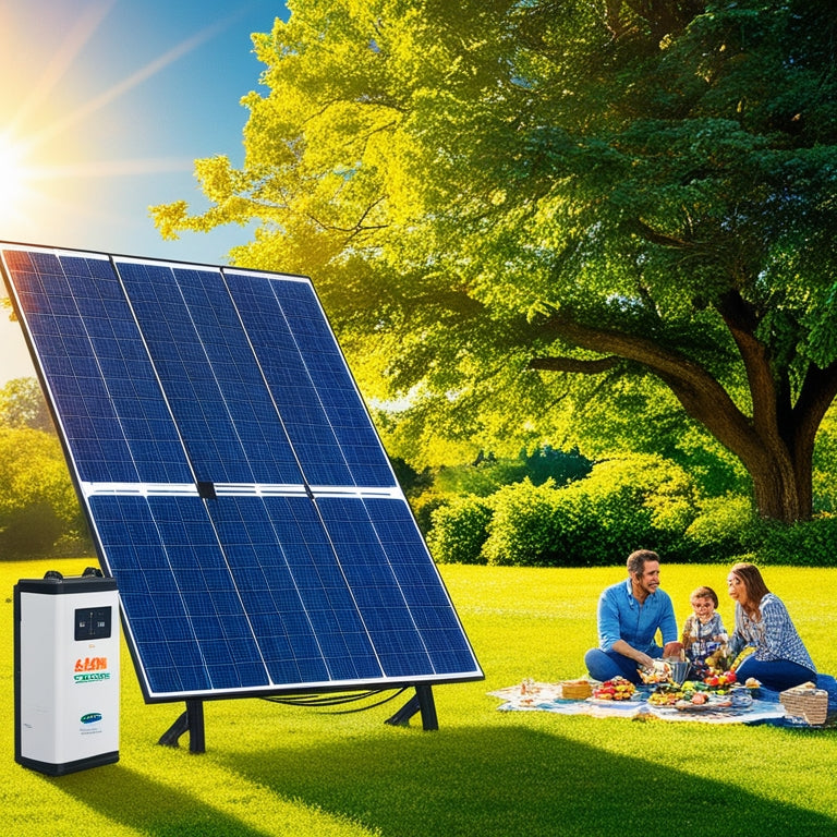 A sunlit landscape with a modern solar energy kit, sleek solar panels glistening under the bright sun, surrounded by lush greenery. Nearby, a small family enjoys an eco-friendly picnic, symbolizing sustainable living.
