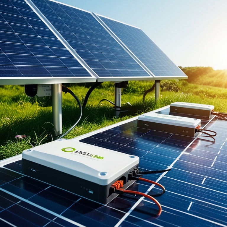 A sunlit landscape with sleek, futuristic solar panels absorbing sunlight, connected to advanced, compact batteries. The batteries glow softly, nestled in a green, eco-friendly setting, symbolizing renewable energy and sustainability.